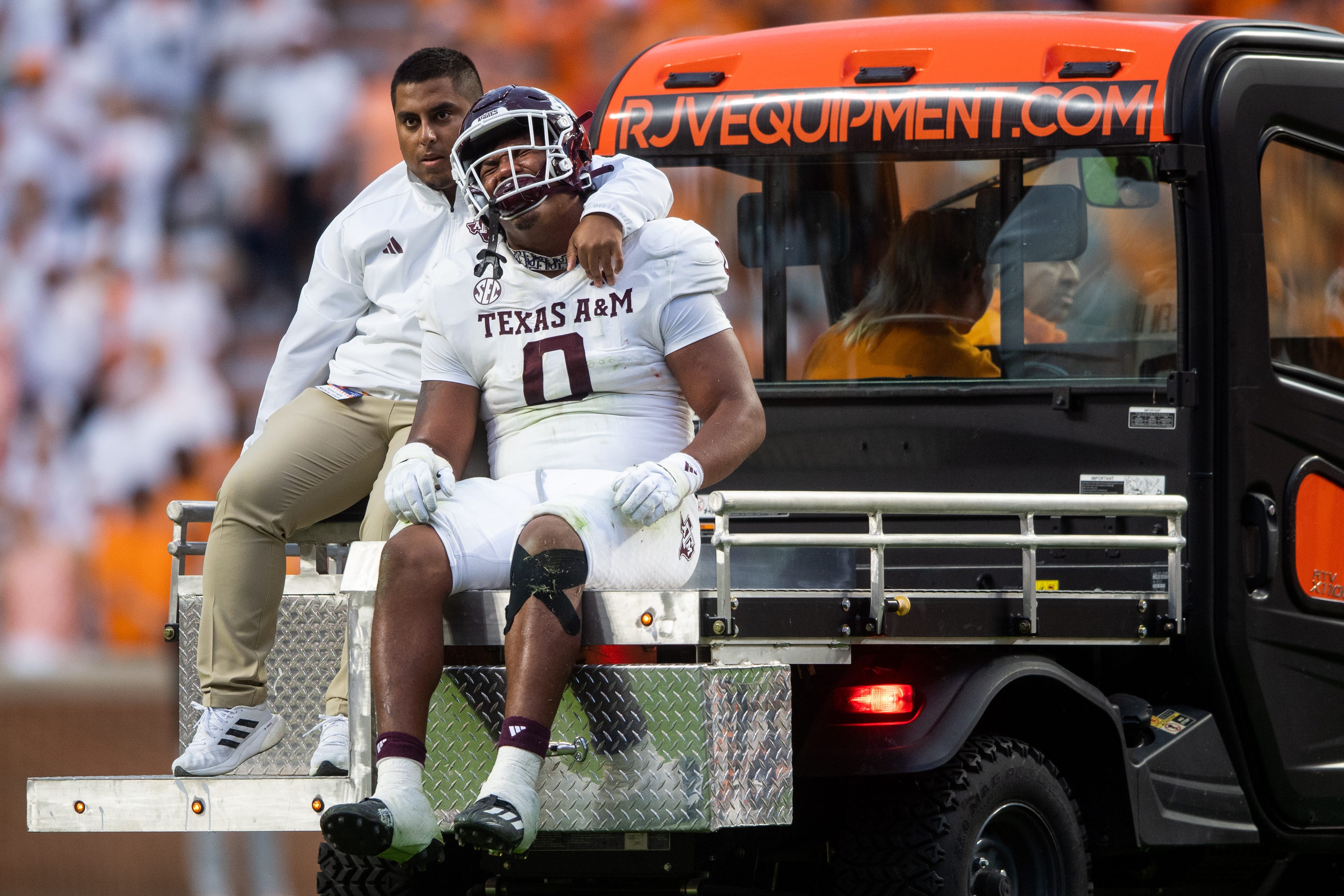 Texas A&M defensive lineman Walter Nolen is carted off the field against the Tennessee Volunteers.